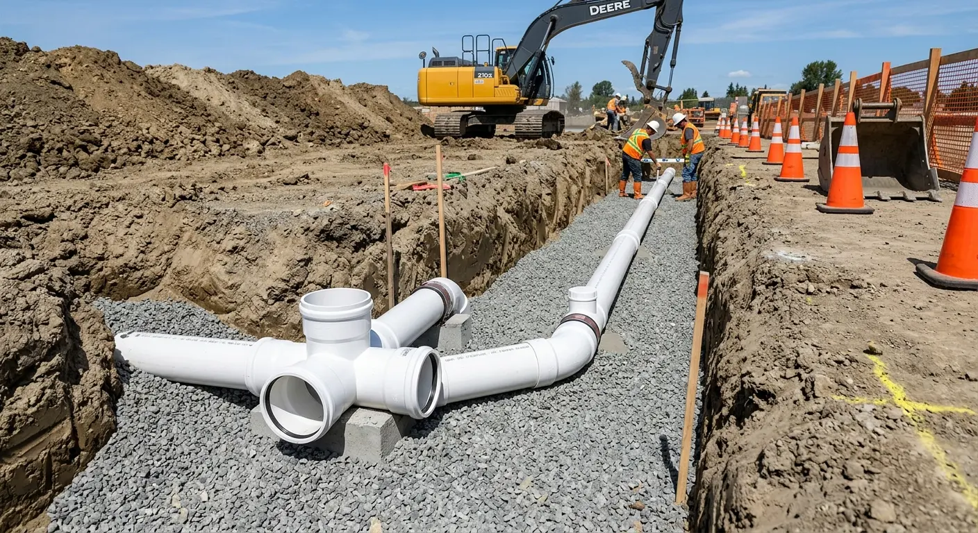 New PVC sewer pipe installation in open trench for Sewer Backup in Thief River Falls